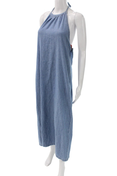 Rag & Bone Womens Denim Maxi Slip Dress Blue High Neck Tie Sleeveless Size L