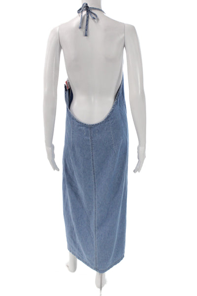 Rag & Bone Womens Denim Maxi Slip Dress Blue High Neck Tie Sleeveless Size L