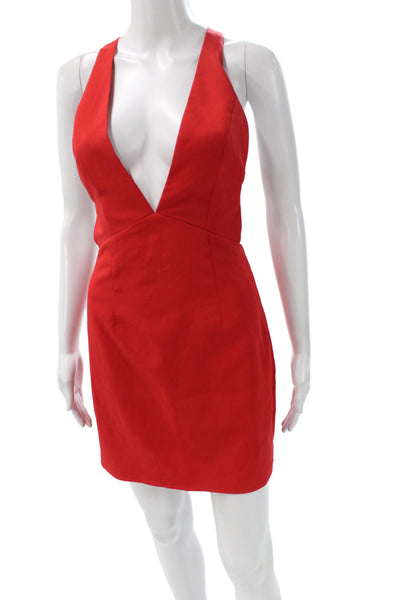 NBD Womens Mini Bodycon Dress Red V Neck Sleeveless Polyester Spandex Size S