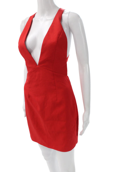 NBD Womens Mini Bodycon Dress Red V Neck Sleeveless Polyester Spandex Size S