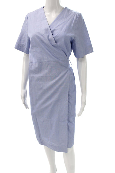 COS Women Wrap Dress Light Blue V-Neck Short Sleeve Cotton Mid-Calf Size 8