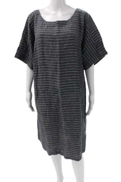 Eileen Fisher Women Plus Shift Dress Dark Gray Striped Short Sleeve Size L