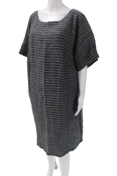 Eileen Fisher Women Plus Shift Dress Dark Gray Striped Short Sleeve Size L