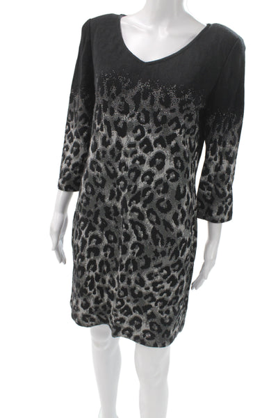 St. John Womens Black Animal Print Sweater Dress V-Neck 3/4 Sleeve Zip Size 12