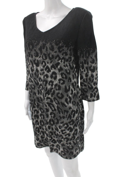 St. John Womens Black Animal Print Sweater Dress V-Neck 3/4 Sleeve Zip Size 12