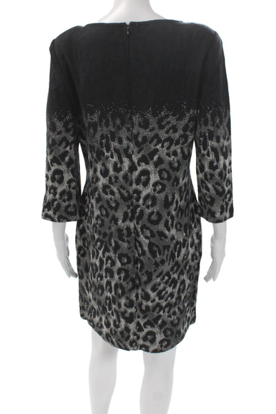 St. John Womens Black Animal Print Sweater Dress V-Neck 3/4 Sleeve Zip Size 12