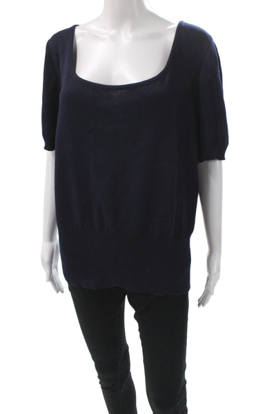 St. John Women Dark Blue Cotton Blend Square Neck Short Sleeve Blouse Size L