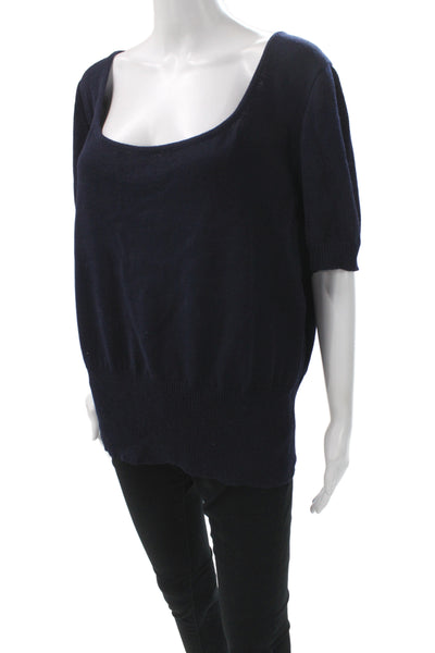 St. John Women Dark Blue Cotton Blend Square Neck Short Sleeve Blouse Size L