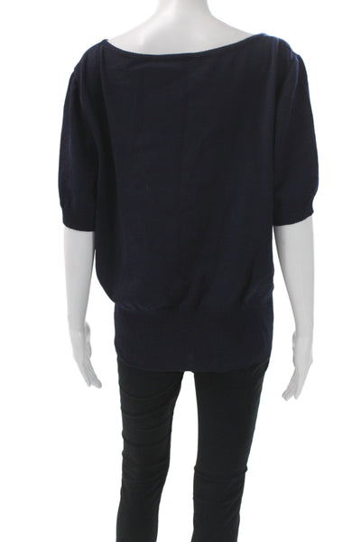 St. John Women Dark Blue Cotton Blend Square Neck Short Sleeve Blouse Size L