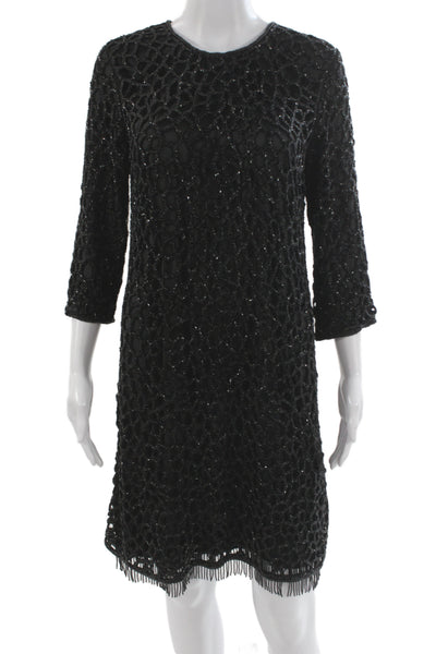 Parker Black Women Shift Dress Black Crew Neck 3/4 Sleeve Above Knee Size 8