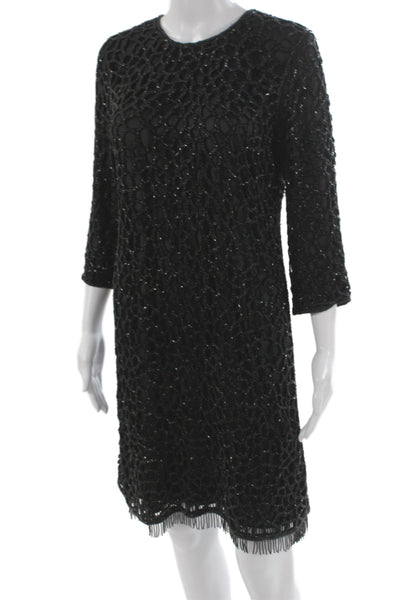 Parker Black Women Shift Dress Black Crew Neck 3/4 Sleeve Above Knee Size 8