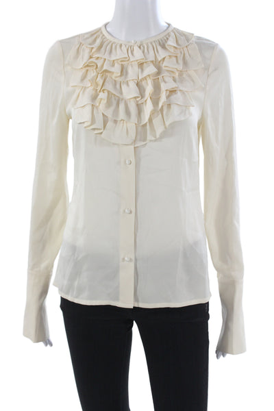 Alice + Olivia Womens Beige Silk Spandex Button Up Blouse Long Sleeve Size S