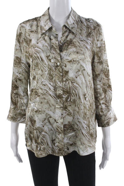 L Agence Womens Silk Collared 3/4 Sleeve Button Up Blouse Beige Size M