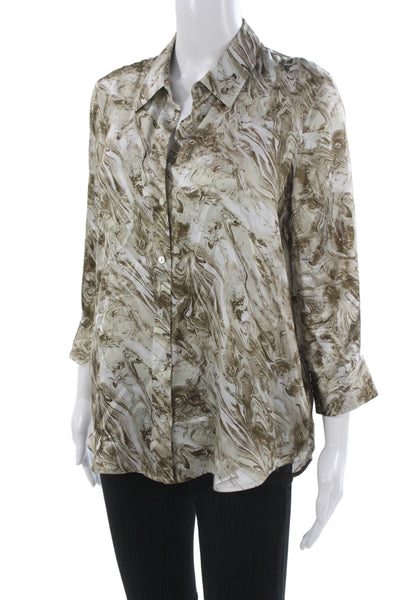 L Agence Womens Silk Collared 3/4 Sleeve Button Up Blouse Beige Size M