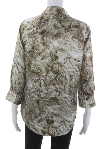 L Agence Womens Silk Collared 3/4 Sleeve Button Up Blouse Beige Size M