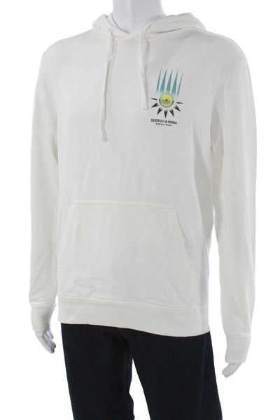 Scotch & Soda Mens Pullover Hoodie White Organic Cotton Graphic Print Size M