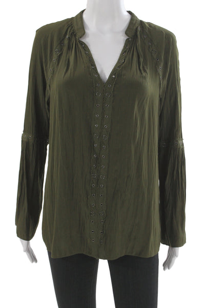 Ramy Brook Women Bohemian V Neck Long Sleeve Tunic Blouse Green Size XS