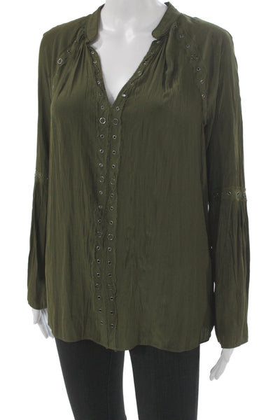 Ramy Brook Women Bohemian V Neck Long Sleeve Tunic Blouse Green Size XS