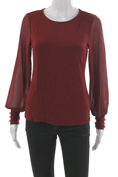 Vince Camuto Women Blouse Red Solid Round Neck Long Sleeve Button Size XS