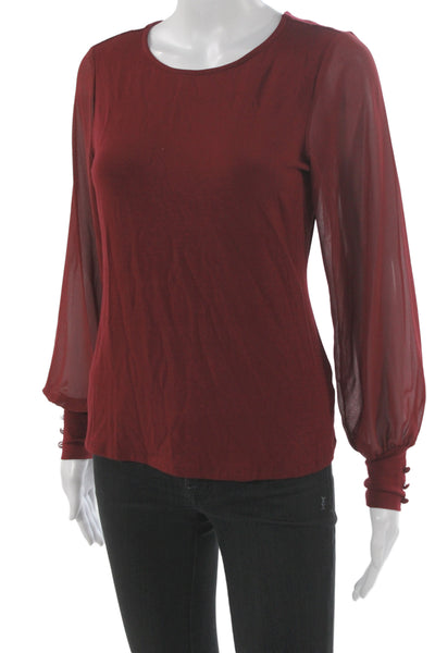 Vince Camuto Women Blouse Red Solid Round Neck Long Sleeve Button Size XS