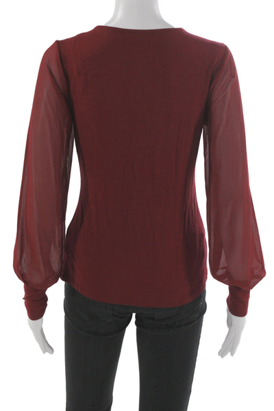 Vince Camuto Women Blouse Red Solid Round Neck Long Sleeve Button Size XS