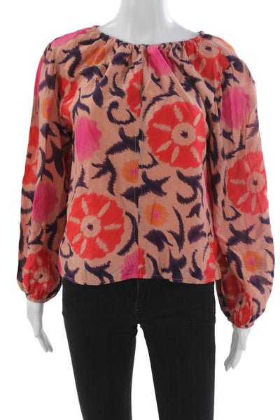 Velvet Women Bohemian Pink Floral Long Sleeve Round Neck Blouse Size XS