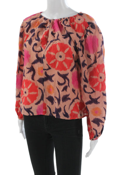 Velvet Women Bohemian Pink Floral Long Sleeve Round Neck Blouse Size XS