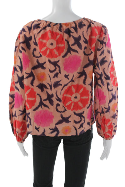 Velvet Women Bohemian Pink Floral Long Sleeve Round Neck Blouse Size XS