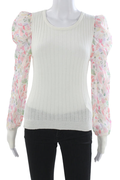 Fate. Women White Floral Long Sleeve Viscose Spandex Top Size S