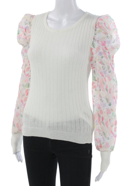 Fate. Women White Floral Long Sleeve Viscose Spandex Top Size S