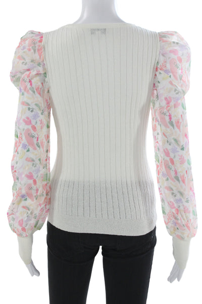Fate. Women White Floral Long Sleeve Viscose Spandex Top Size S