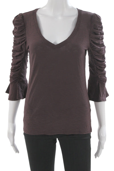 Nation LTD Womens Brown Pima Cotton V-Neck 3/4 Sleeve T-Shirt Size S