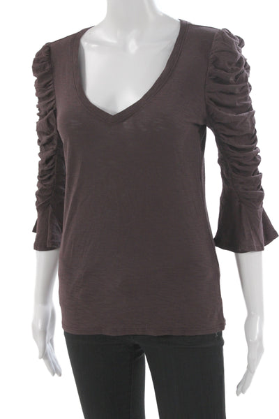Nation LTD Womens Brown Pima Cotton V-Neck 3/4 Sleeve T-Shirt Size S