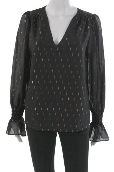 Amanda Uprichard Women Designer Black V-Neck Long Sleeve Rayon Blouse Size S