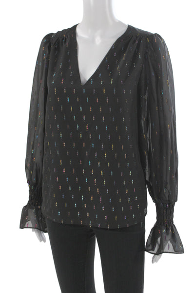 Amanda Uprichard Women Designer Black V-Neck Long Sleeve Rayon Blouse Size S
