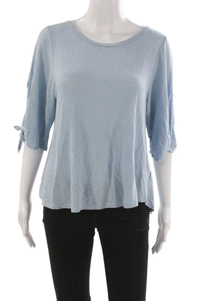 Velvet Women Light Blue Linen Blend Round Neck Tie 3/4 Sleeve Blouse Size XS