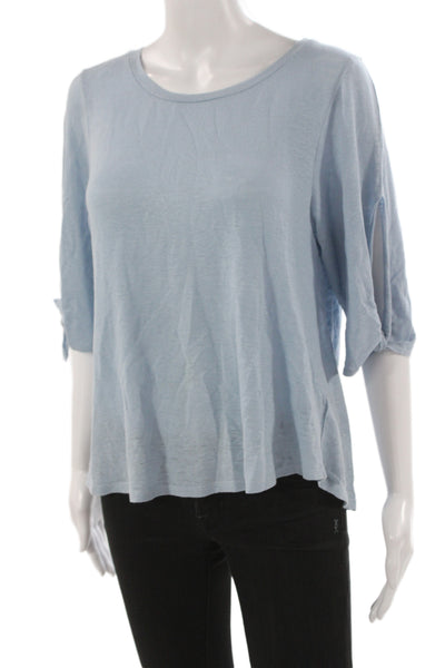 Velvet Women Light Blue Linen Blend Round Neck Tie 3/4 Sleeve Blouse Size XS