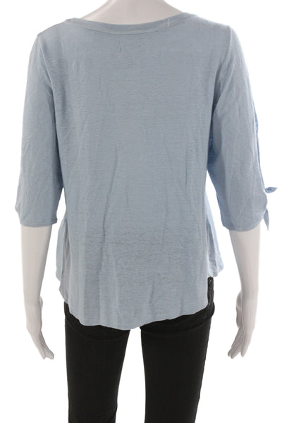 Velvet Women Light Blue Linen Blend Round Neck Tie 3/4 Sleeve Blouse Size XS