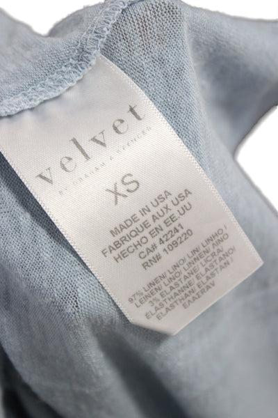 Velvet Women Light Blue Linen Blend Round Neck Tie 3/4 Sleeve Blouse Size XS