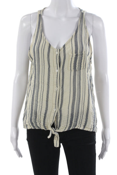 Stateside Women Striped V-Neck Button Up Tank Sleeveless Beige Rayon Size S