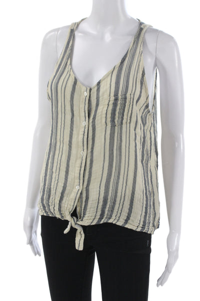 Stateside Women Striped V-Neck Button Up Tank Sleeveless Beige Rayon Size S