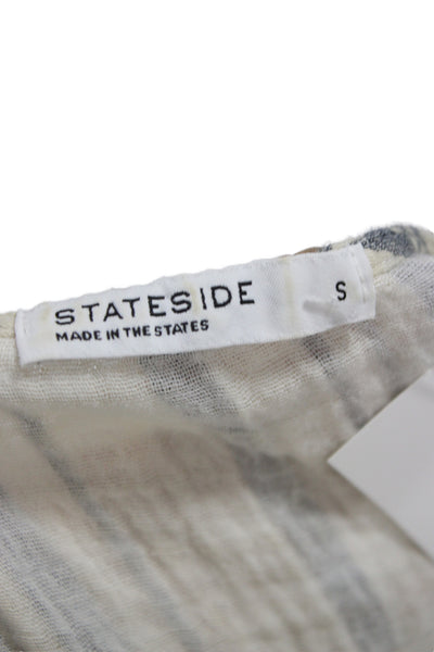 Stateside Women Striped V-Neck Button Up Tank Sleeveless Beige Rayon Size S