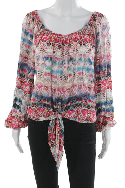 Karen Kane Womens Aztec Blue Tie Neck Long Sleeve Viscose Blouse Size XS
