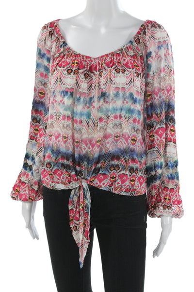 Karen Kane Womens Aztec Blue Tie Neck Long Sleeve Viscose Blouse Size XS