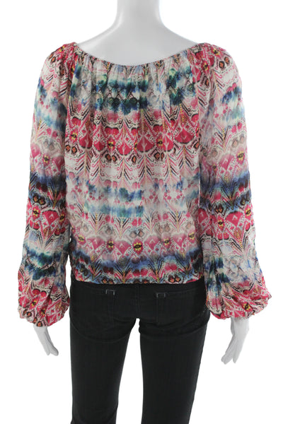 Karen Kane Womens Aztec Blue Tie Neck Long Sleeve Viscose Blouse Size XS