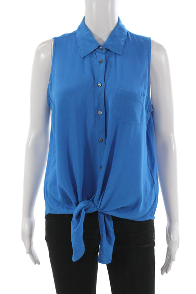 Olivaceous Women Collared Button Up Sleeveless Blue Rayon Blouse Size M