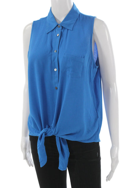 Olivaceous Women Collared Button Up Sleeveless Blue Rayon Blouse Size M