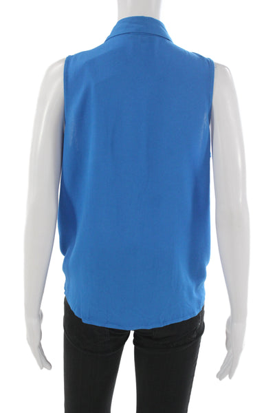 Olivaceous Women Collared Button Up Sleeveless Blue Rayon Blouse Size M