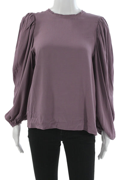 Olivaceous Women Purple Linen Blend Crew Neck Long Sleeve Zip Blouse Size S