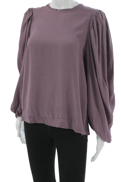Olivaceous Women Purple Linen Blend Crew Neck Long Sleeve Zip Blouse Size S